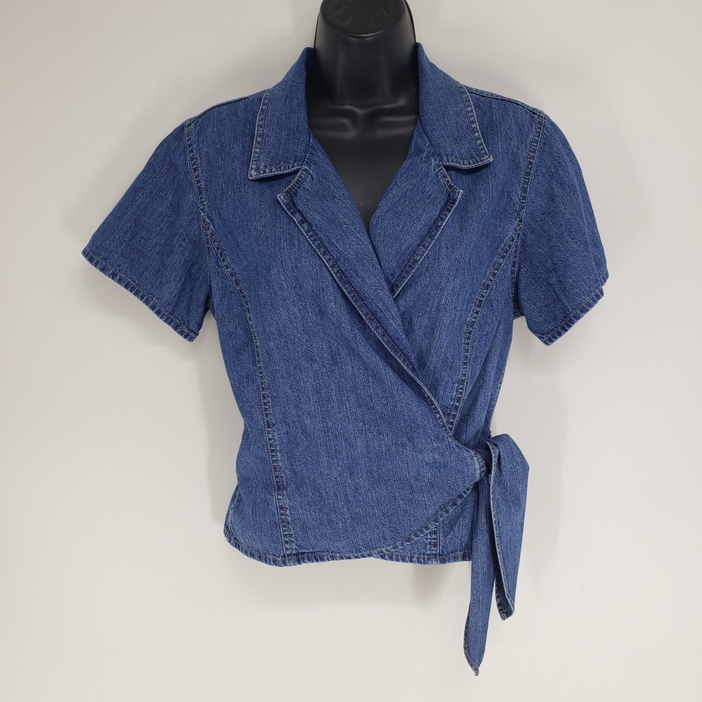 Vintage 90s Liz Claiborne Lizwear Denim Wrap Top Women 12 Blue Short Sleeve Tie